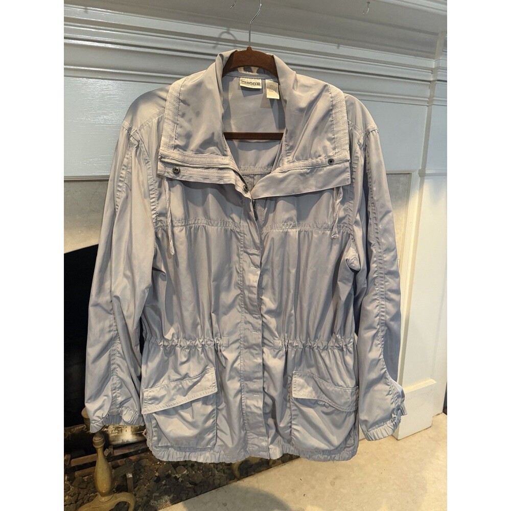Chico’s Gray Rain Coat Utility Jacket Zip Front Adjustable Waist Size XL